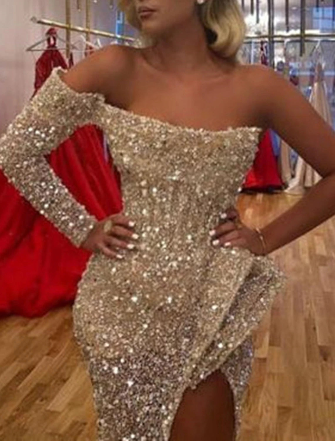 Wholesale Mermaid Dress Evening Gown Christmas Red Green Dress Formal Wedding Court Train Long Sleeve One Shoulder Sequined with Sequin Slit